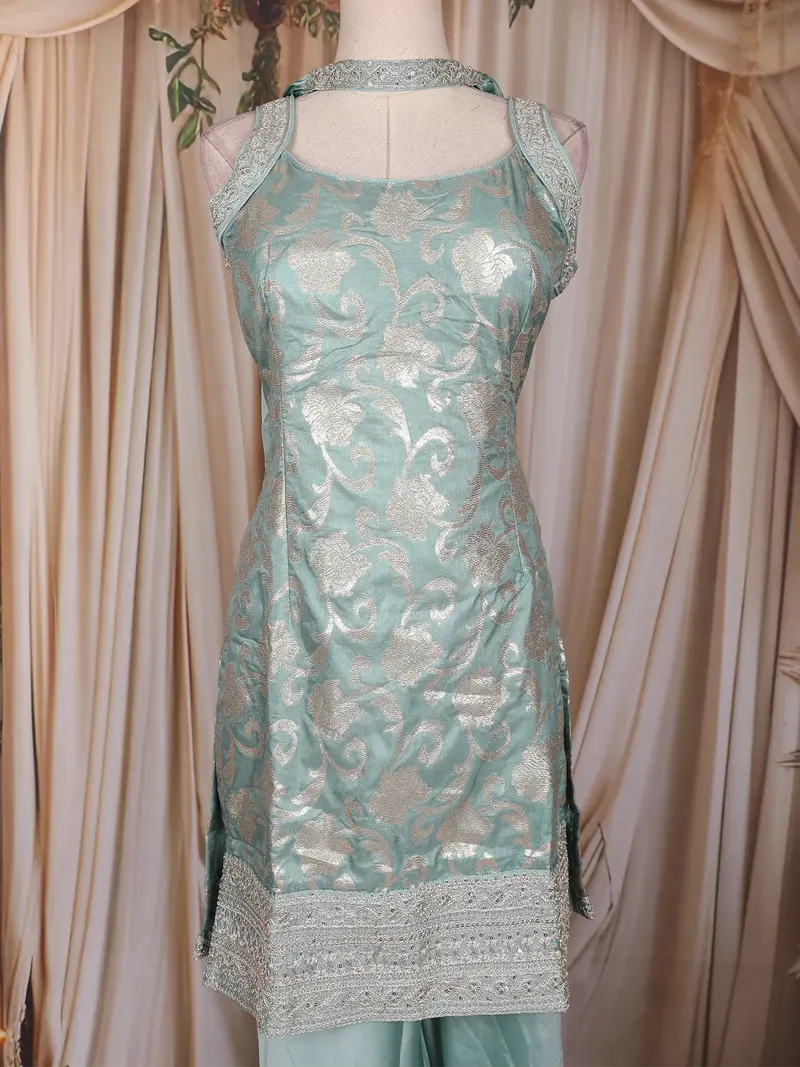 Pastel Green Floral Design Silk Palazzo Suit With Dupatta 2