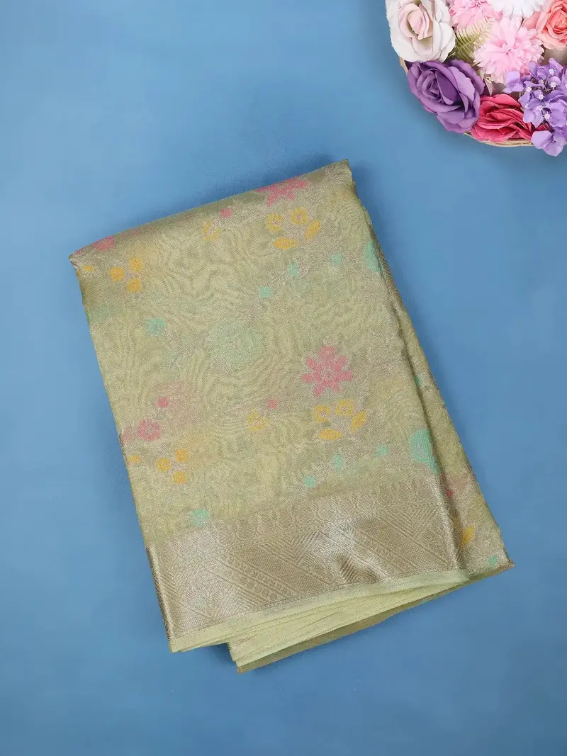 Pastel Green Floral Design Tissue Silk Saree 1
