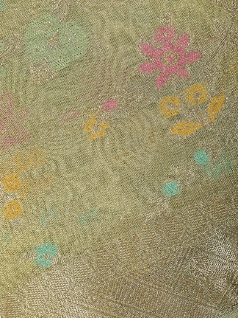 Pastel Green Floral Design Tissue Silk Saree 2