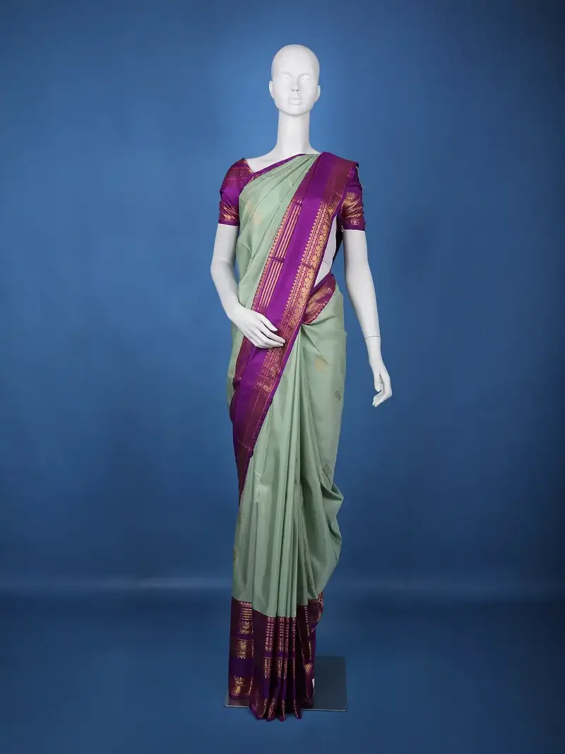 Pastel Green Floral Design With Purple Zari Woven Soft Silk Saree 1