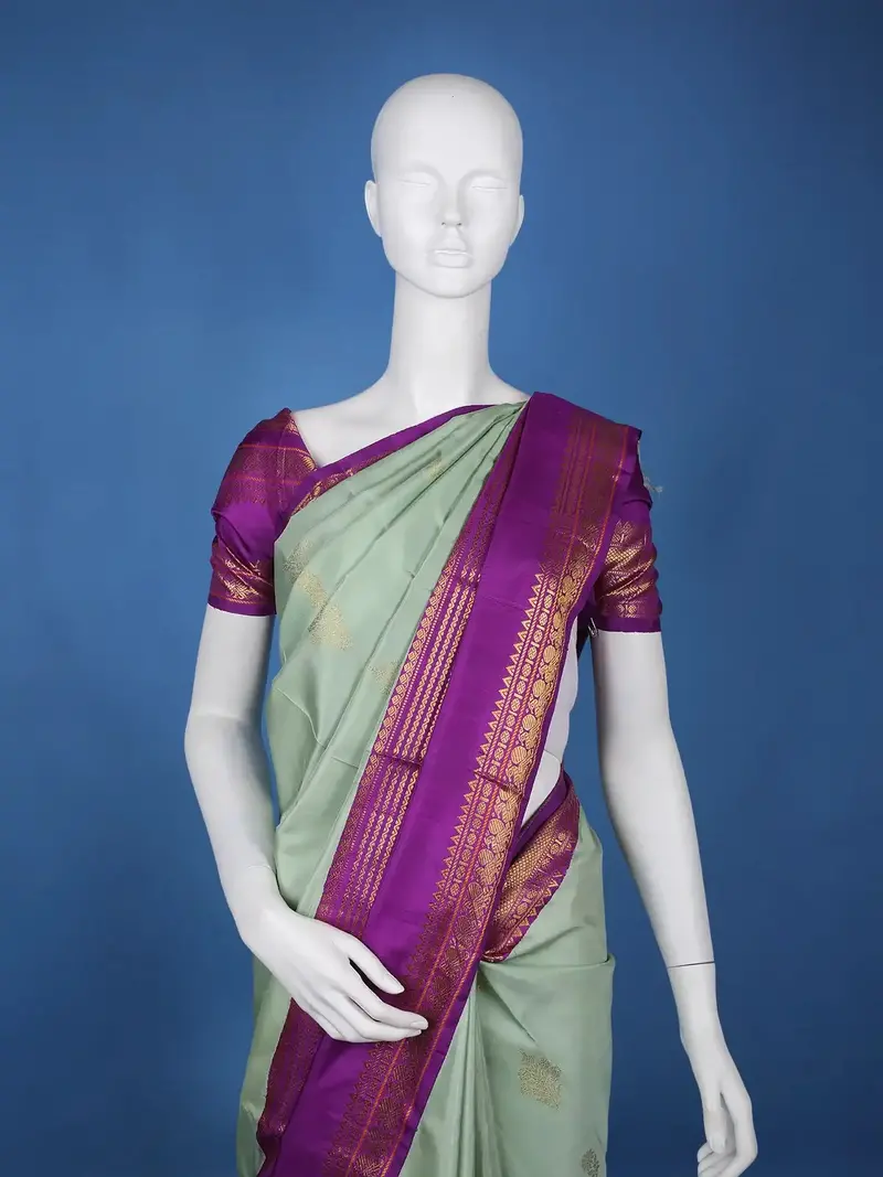 Pastel Green Floral Design With Purple Zari Woven Soft Silk Saree 2