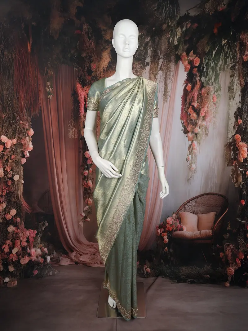 Pastel Green  Floral Design  Woven Soft Tissue Saree With Designer Border 1