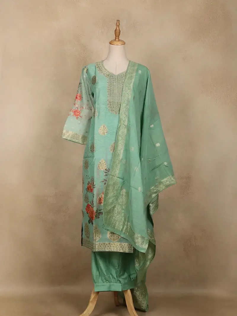 Pastel Green Floral Designed Semi Silk Salwar Suit 1
