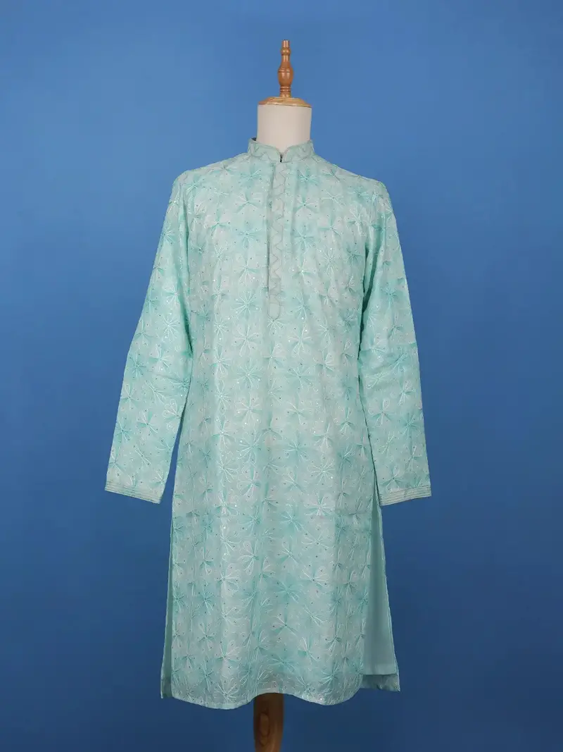 Pastel Green Floral Embroidered Cotton Kurta For Men 1