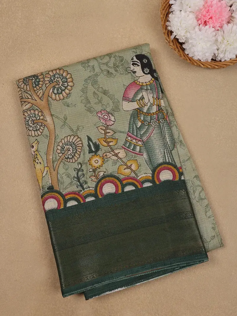 Pastel Green Floral Kalamkari Printed Cotton Saree 1