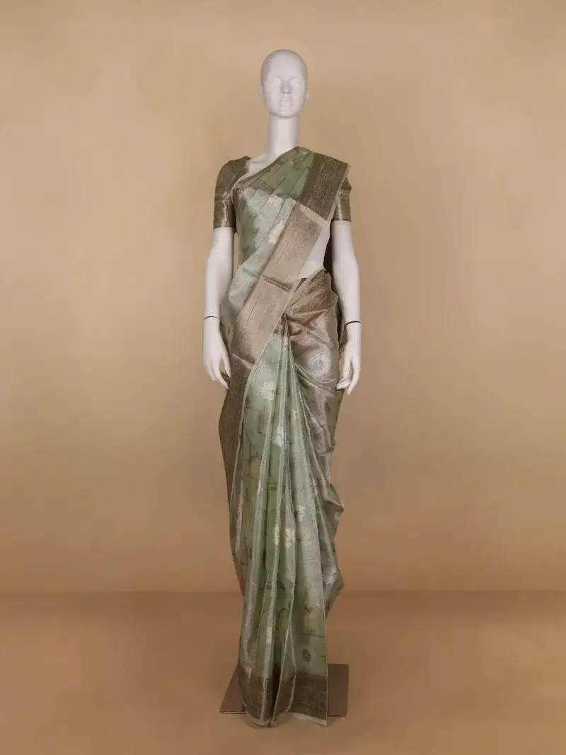Pastel Green Floral Motifs Semi Tissue Saree 1