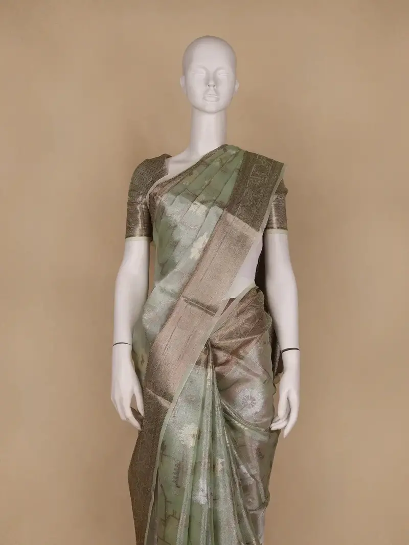 Pastel Green Floral Motifs Semi Tissue Saree 2
