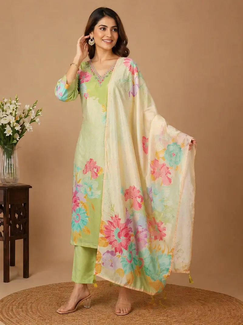 Pastel Green Floral Printed Cotton Salwar Suit 1