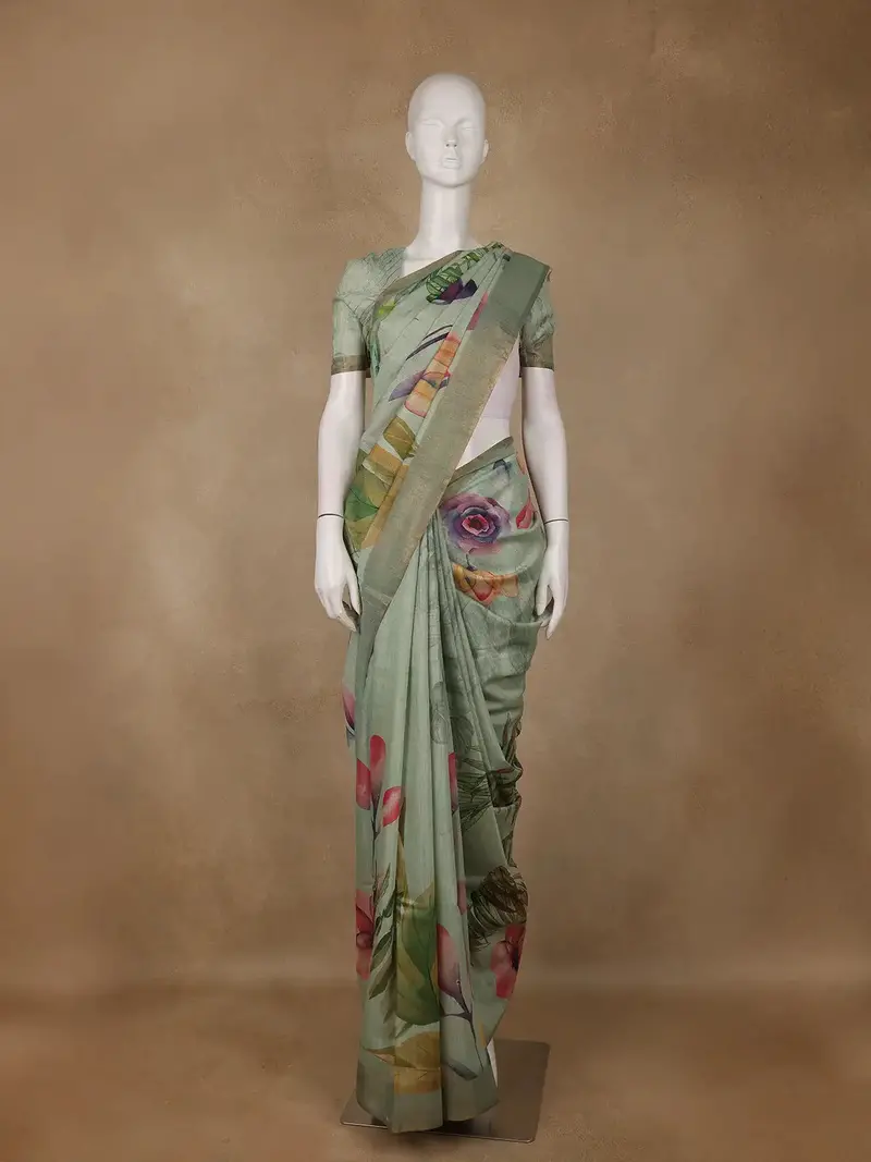Pastel Green Floral Printed Tussar Silk Saree 1