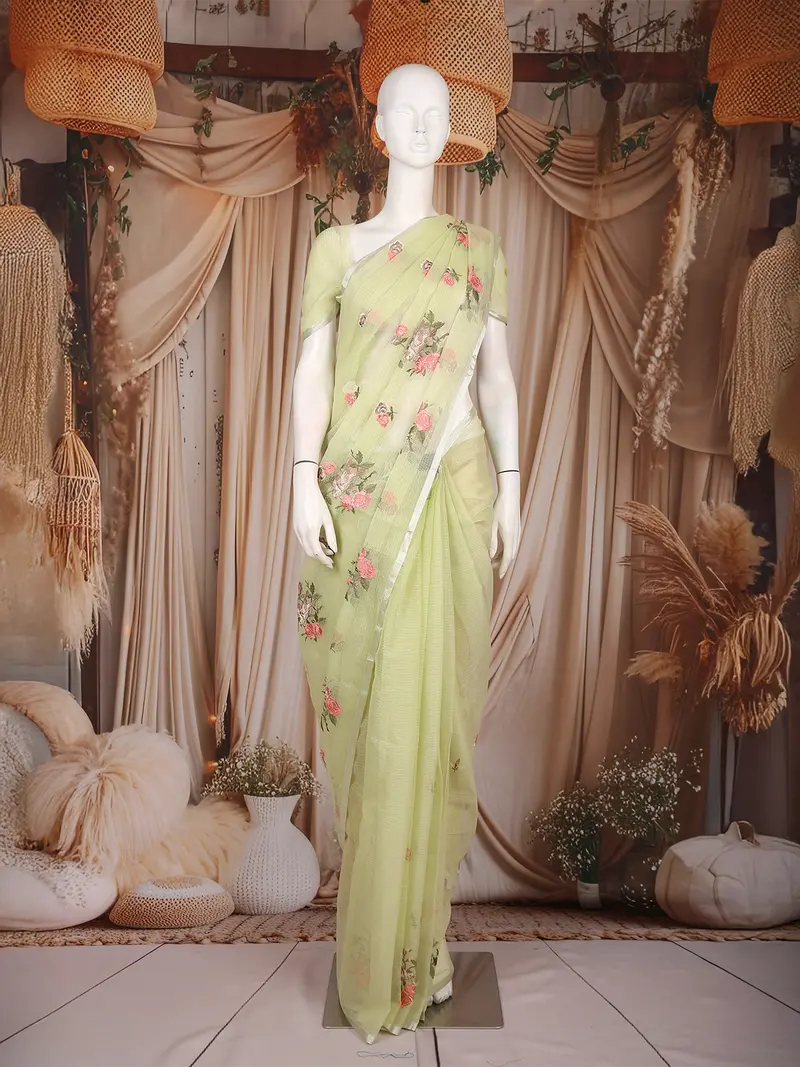 Pastel Green Floral Thread Embroidered Design Kota Cotton Saree 1
