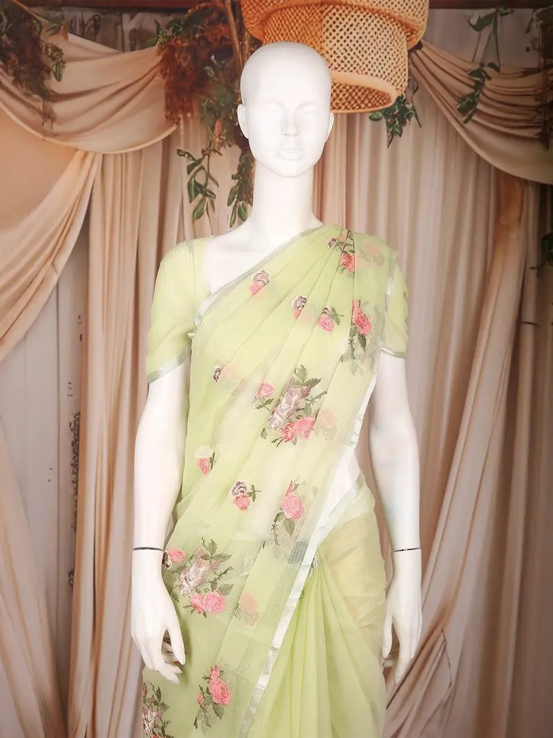 Pastel Green Floral Thread Embroidered Design Kota Cotton Saree 2