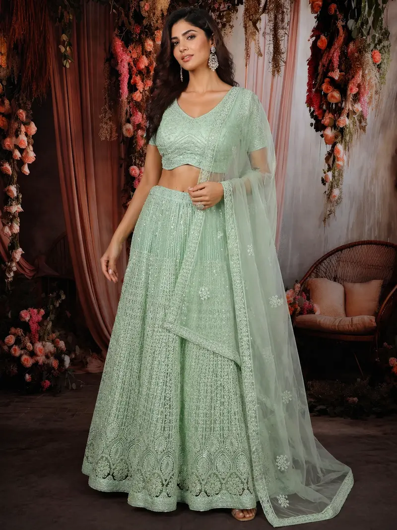 Pastel Green Heavy Sequins Embroidered Design Net Lehenga With Dupatta 1