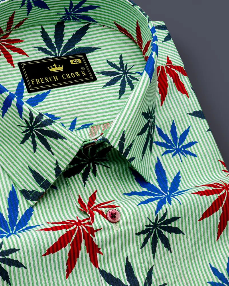 Pastel Green Pinstriped With Leaves Printed Premium Cotton Shirt 1