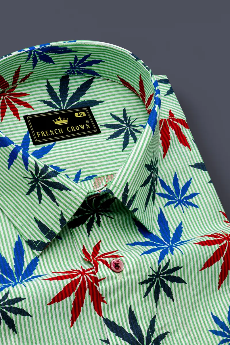 Pastel Green Pinstriped With Leaves Printed Premium Cotton Shirt 2