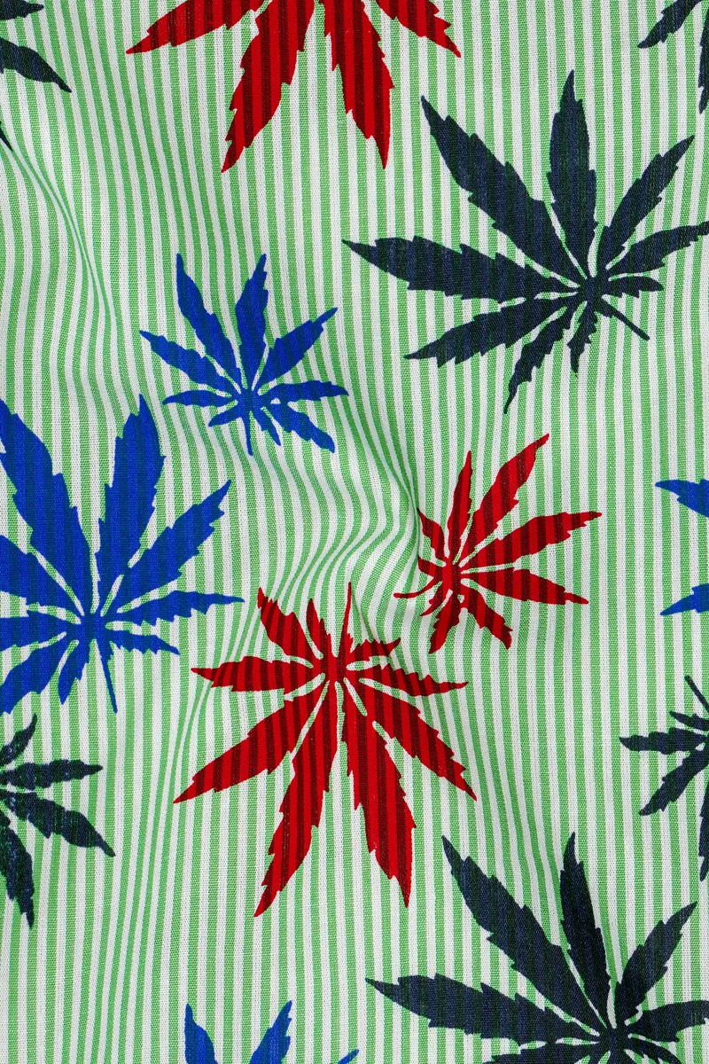 Pastel Green Pinstriped With Leaves Printed Premium Cotton Shirt 3