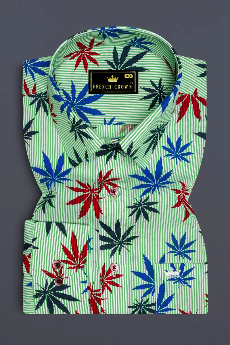 Pastel Green Pinstriped With Leaves Printed Premium Cotton Shirt 4