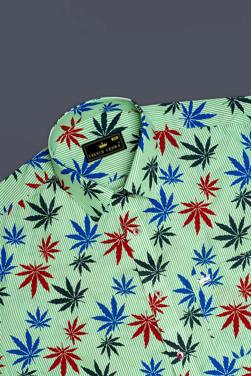 Pastel Green Pinstriped With Leaves Printed Premium Cotton Shirt 5