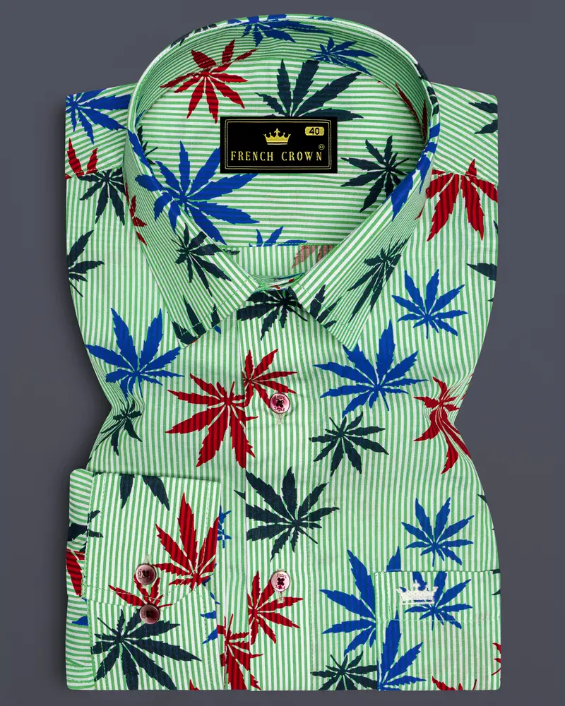 Pastel Green Pinstriped With Leaves Printed Premium Cotton Shirt 6