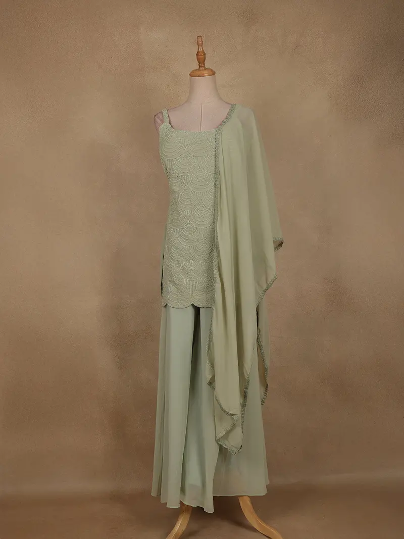 Pastel Green Sequins Design Georgette Palazzo Suit With Dupatta 1