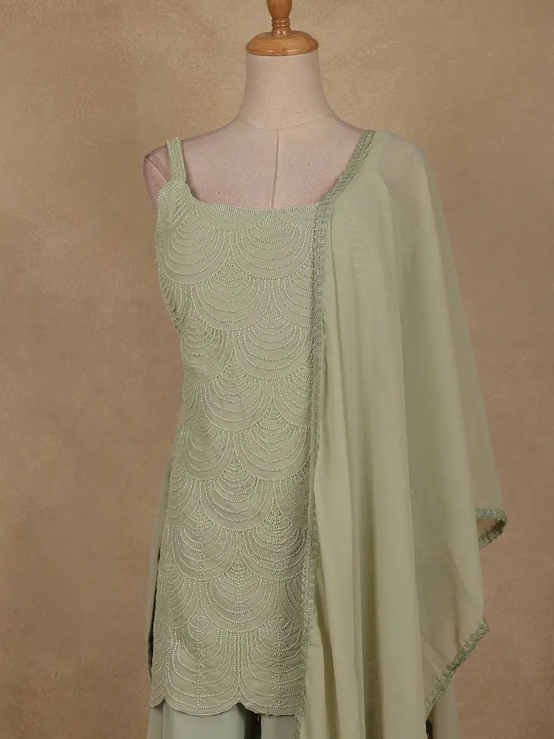 Pastel Green Sequins Design Georgette Palazzo Suit With Dupatta 2