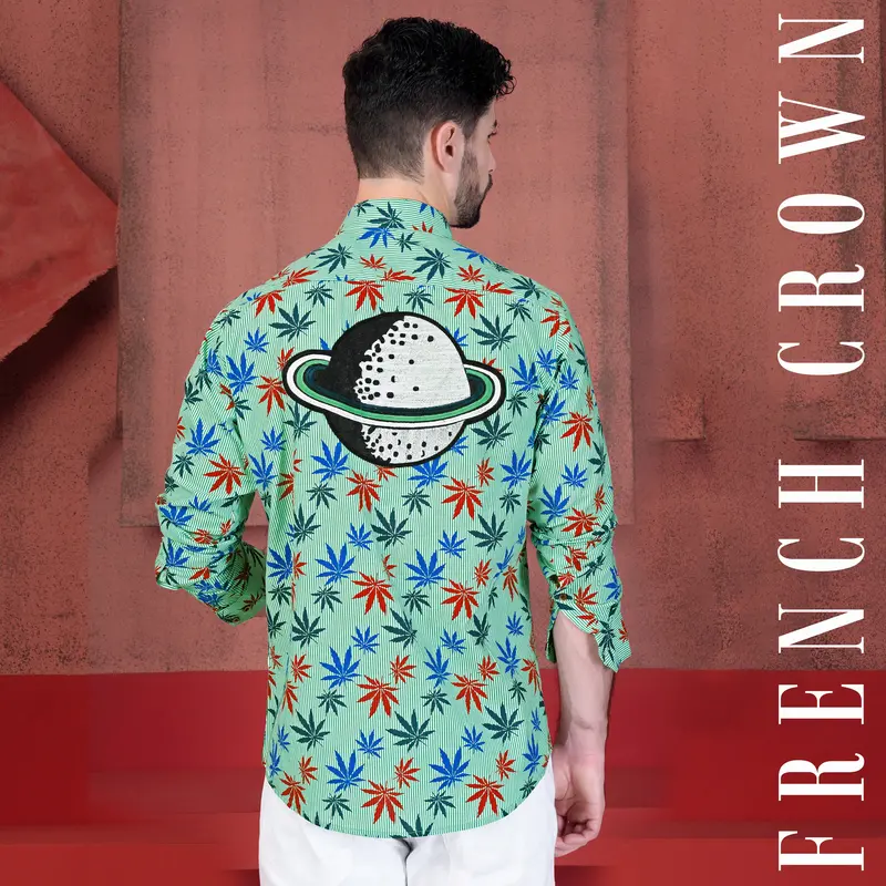 Pastel Green Striped With  Multicolour Leaves Printed And Saturn Patchwork Premium Cotton Designer Shirt 1
