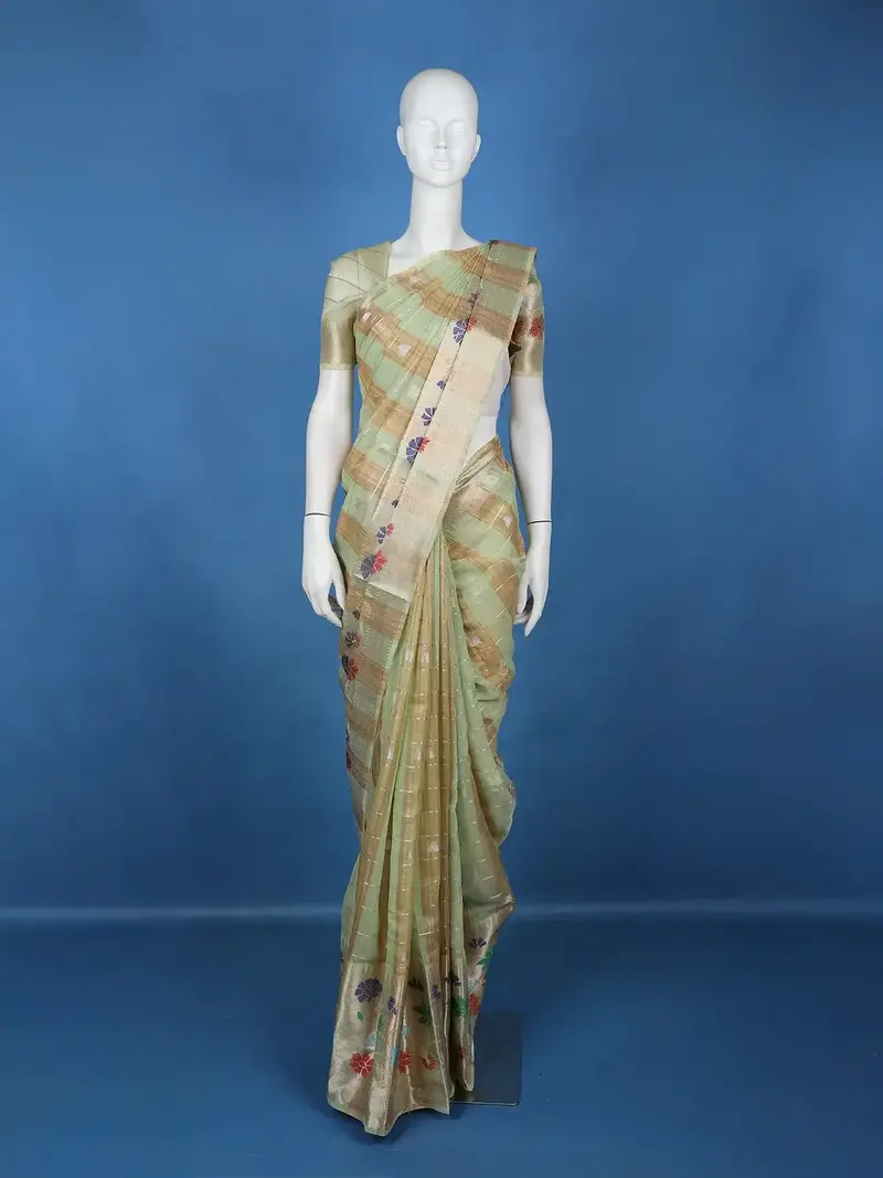 Pastel Green Stripes Design Semi Tissue Saree 1