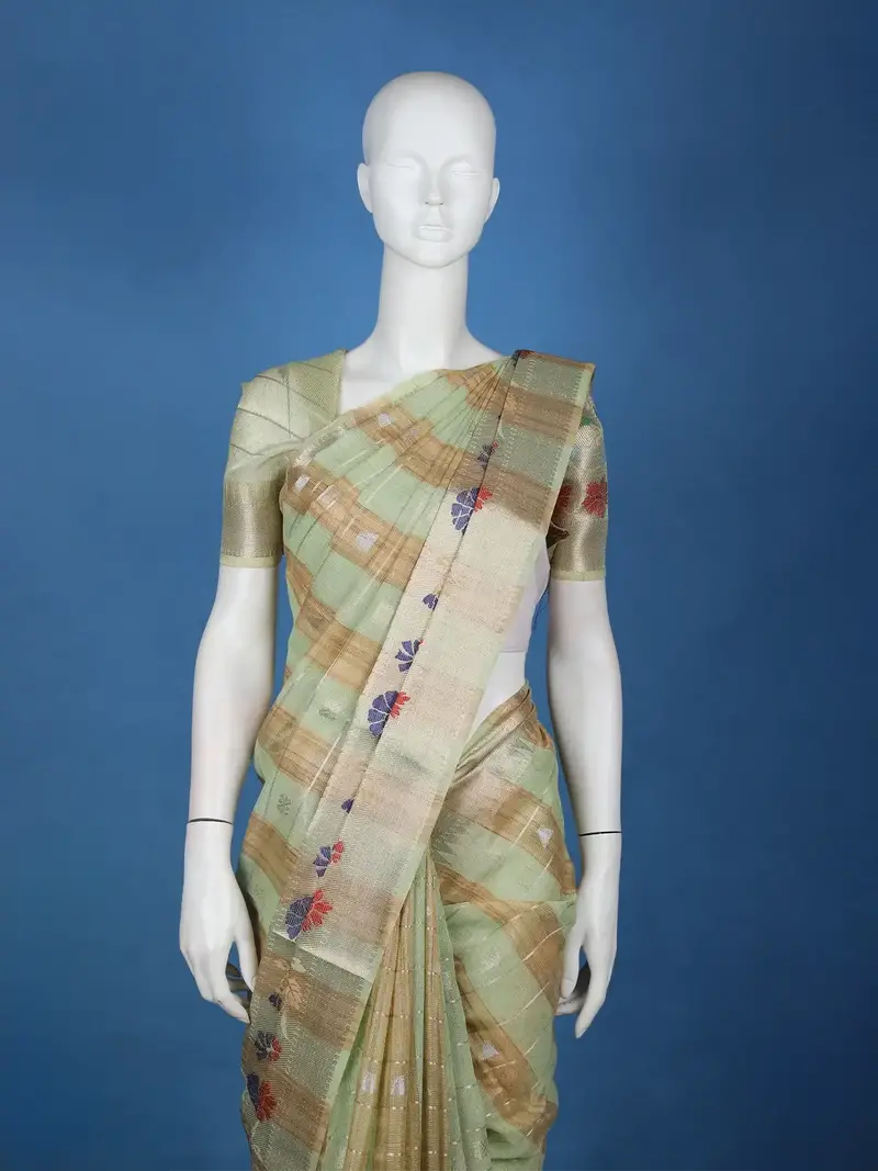 Pastel Green Stripes Design Semi Tissue Saree 2