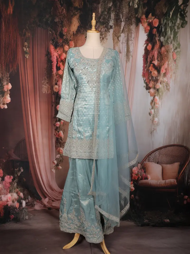 Pastel Ice Blue Floral Sequins And Beads Embroidered Design Tissue Palazzo Suit 1