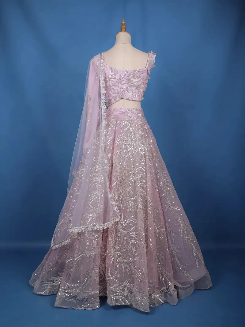 Pastel Lavender Floral And Sequins Embroidered Net Lehenga For Bridesmaids 1