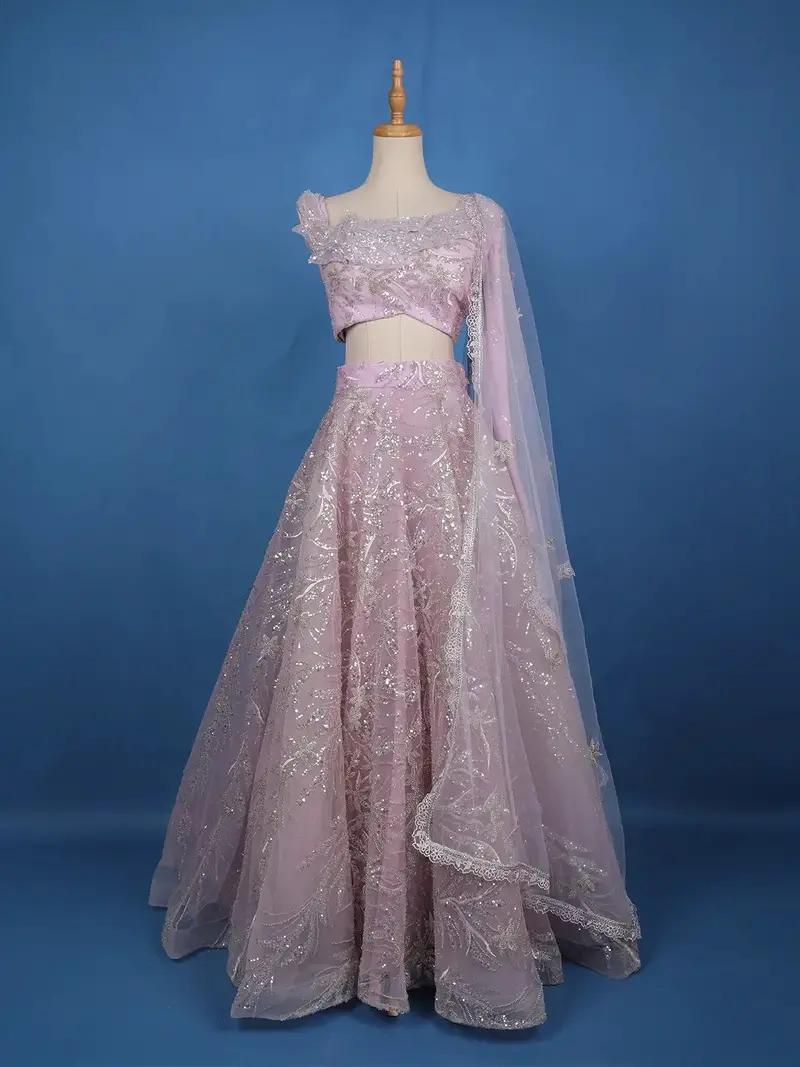 Pastel Lavender Floral And Sequins Embroidered Net Lehenga For Bridesmaids 2