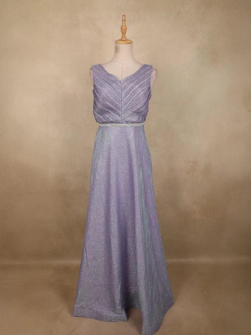 Pastel Lavender Glitter Design Net Party Wear Gown With Waist Belt 1