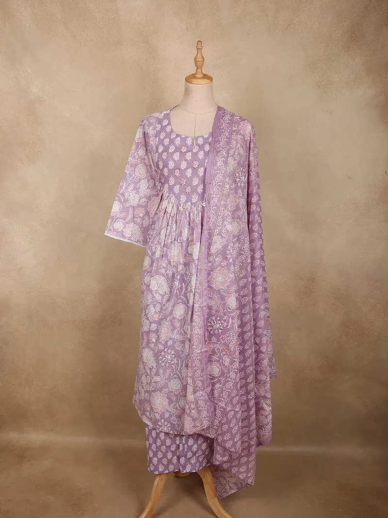Pastel Lavender Lilac Floral Printed Design Cotton Salwar Suit With Dupatta 1
