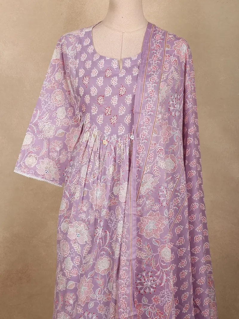 Pastel Lavender Lilac Floral Printed Design Cotton Salwar Suit With Dupatta 2
