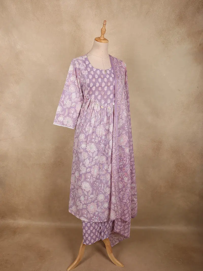 Pastel Lavender Lilac Floral Printed Design Cotton Salwar Suit With Dupatta 3