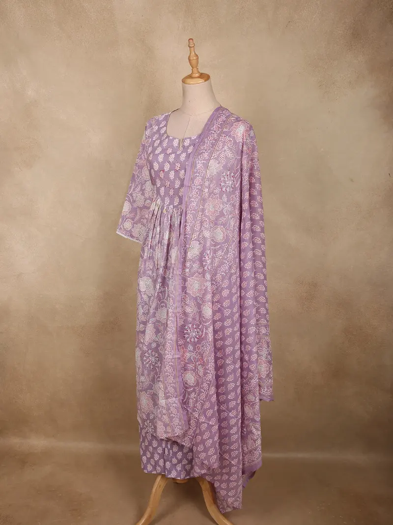Pastel Lavender Lilac Floral Printed Design Cotton Salwar Suit With Dupatta 4