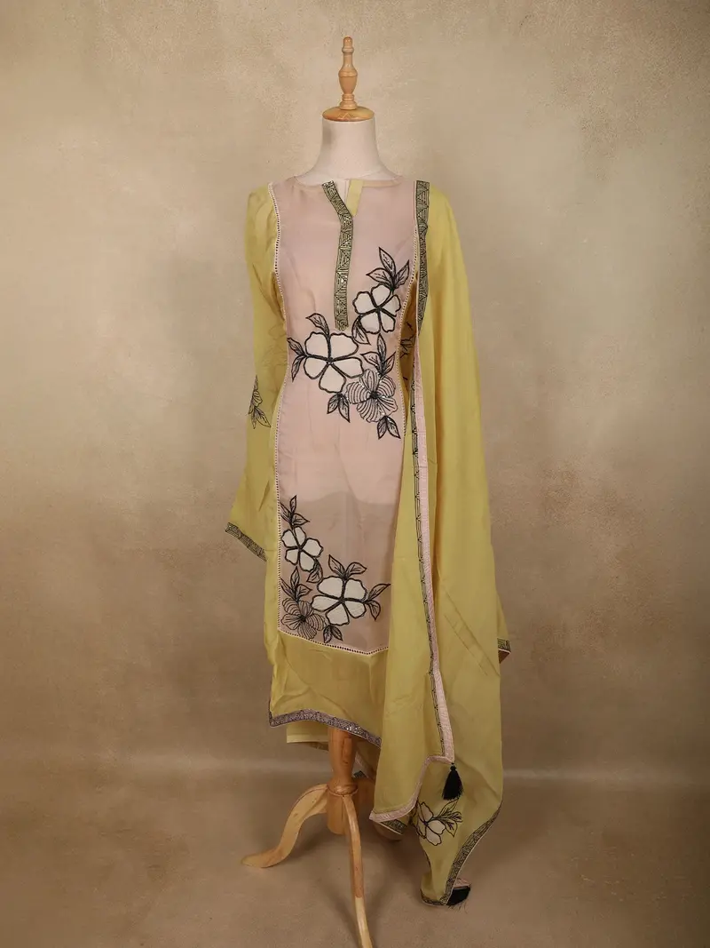 Pastel Lemon Yellow Floral Sequins Embroidered Design Georgette Unstitched Salwar Material With Dupatta 1
