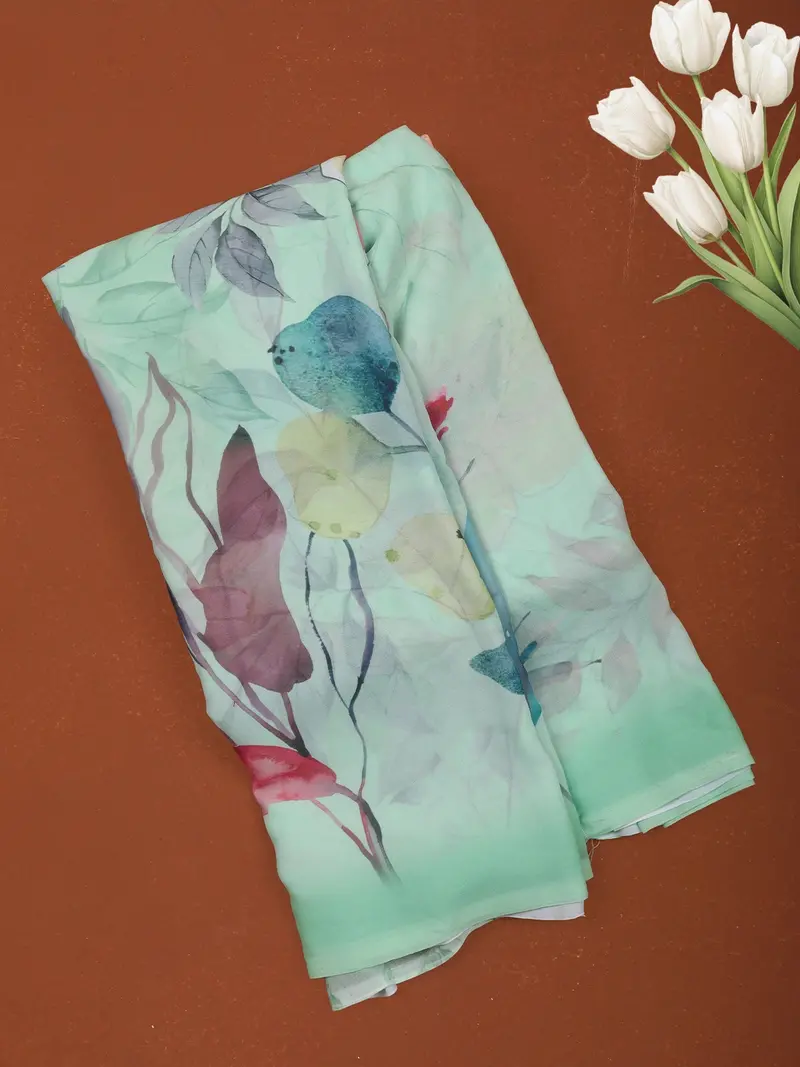 Pastel Mint Green Abstract Floral Printed Chiffon Saree With Ombre Border 1
