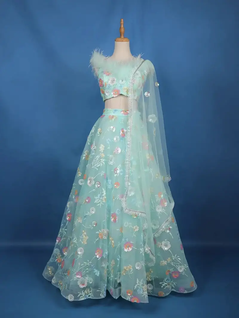 Pastel Mint Green Floral And Sequins Embroidered Net Lehenga For Bridesmaids 1