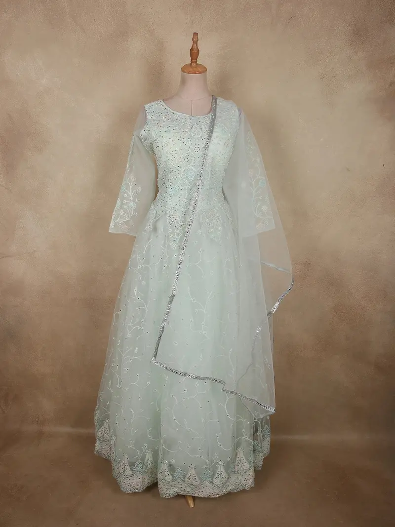 Pastel Mint Green Floral Sequins And Thread Embroidered Design Net Gown With Dupatta 1