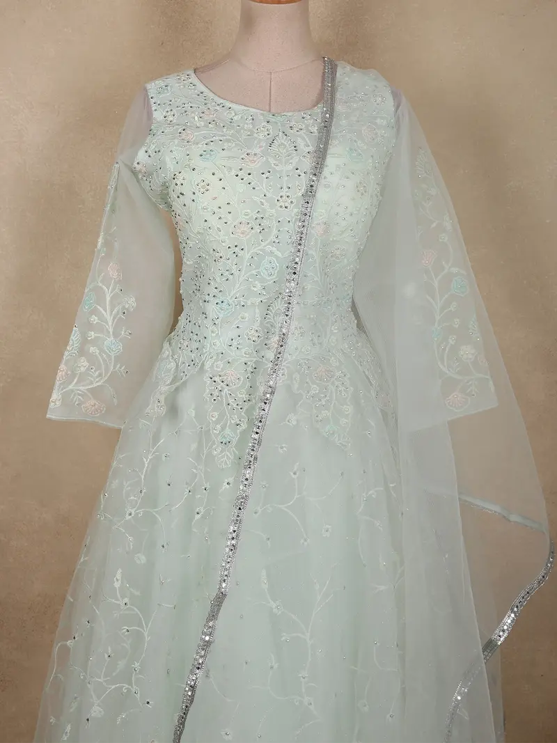 Pastel Mint Green Floral Sequins And Thread Embroidered Design Net Gown With Dupatta 2