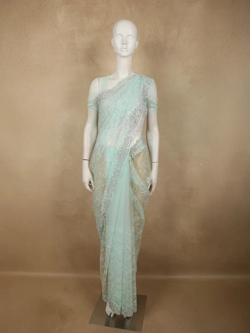 Pastel Mint Green Floral Thread Embroidered Design Net Designer Saree With Designer Border 1