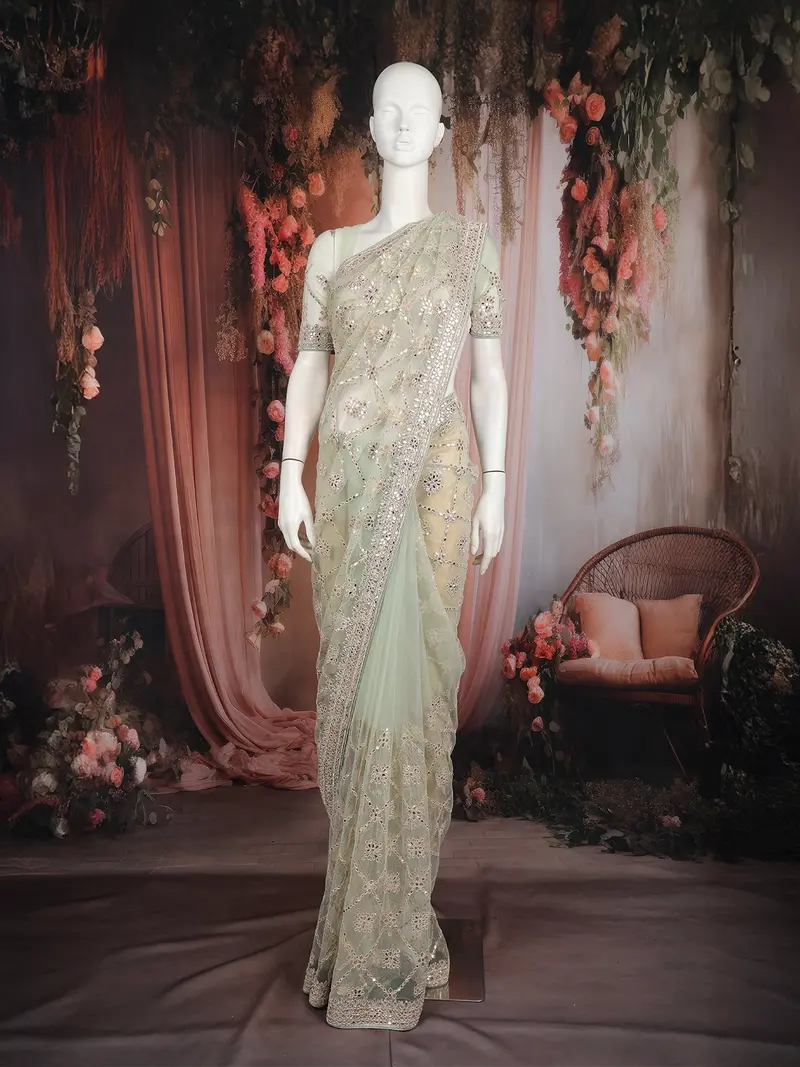 Pastel Mint Green Heavy Mirror Work And Sequins Design Net Designer Saree 1