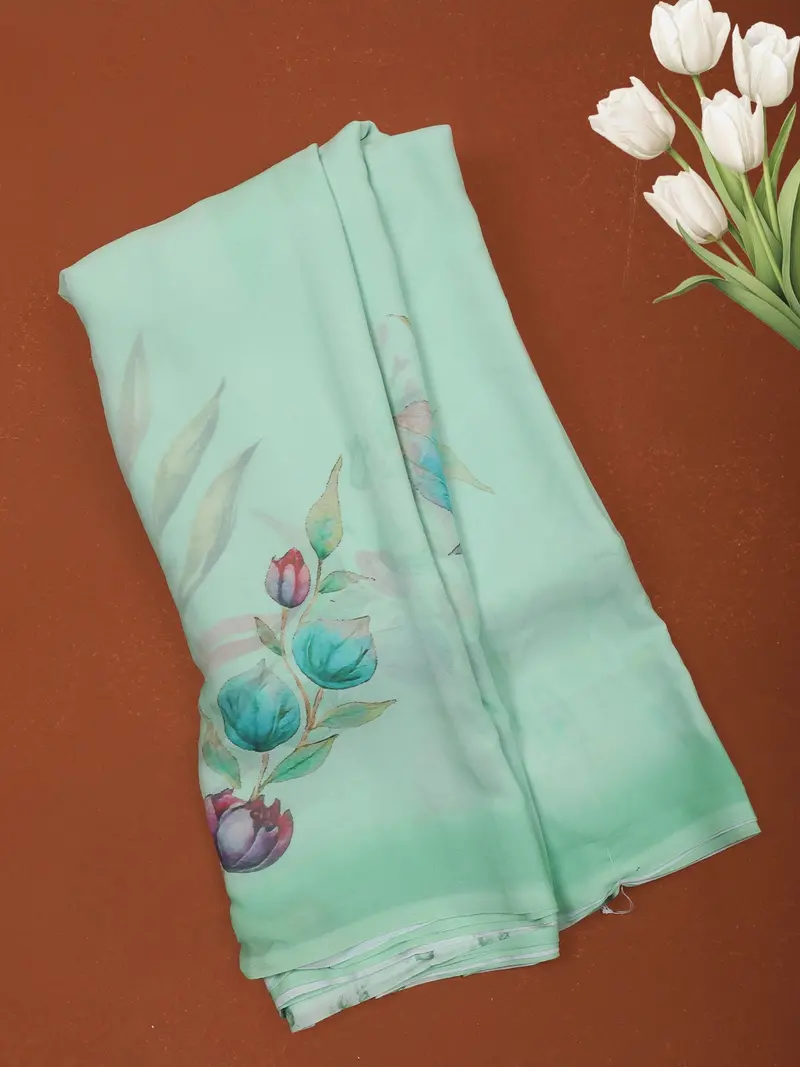 Pastel Mint Green Minimal Floral Printed Chiffon Saree 1