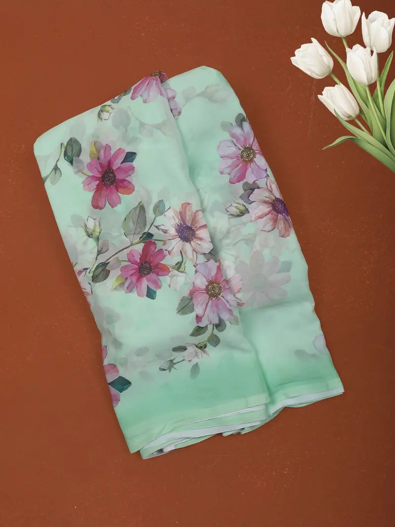 Pastel Mint Green Multicolor Floral Printed Chiffon Saree With Ombre Border 1