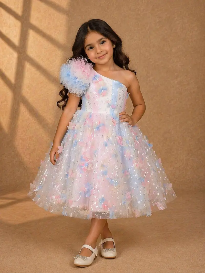 Pastel Multicolor One-Shoulder Kids Net Gown 1