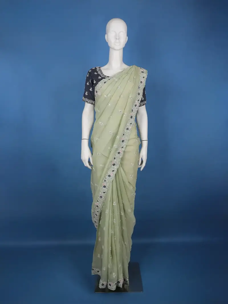 Pastel Olive Green Sequin Work Embroidery Designed Net Saree 1