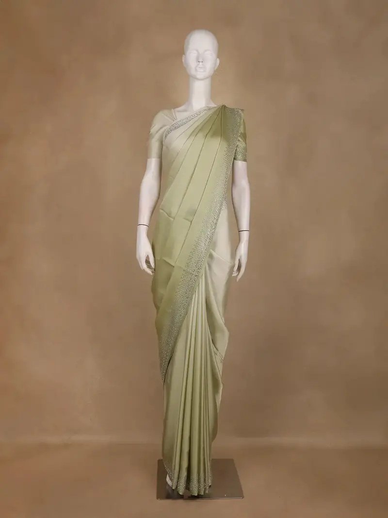 Pastel Olive Green Solid Satin Fancy Saree With Designed Border 1