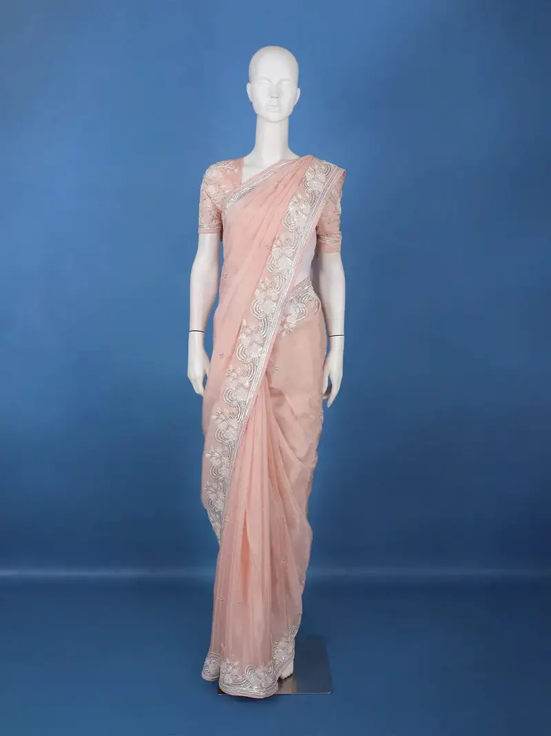 Pastel Peach Floral Design Synthetic Saree 1