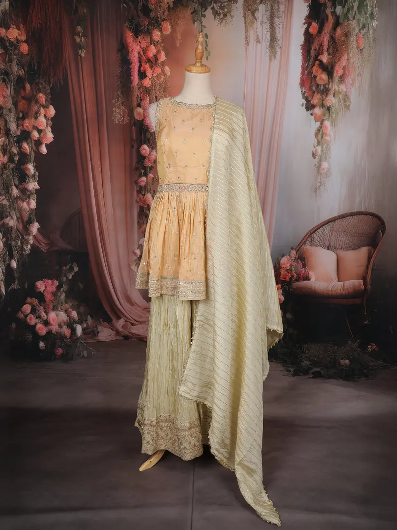 Pastel Peach Floral Sequins Embroidered Tissue Silk Palazzo Suit 1