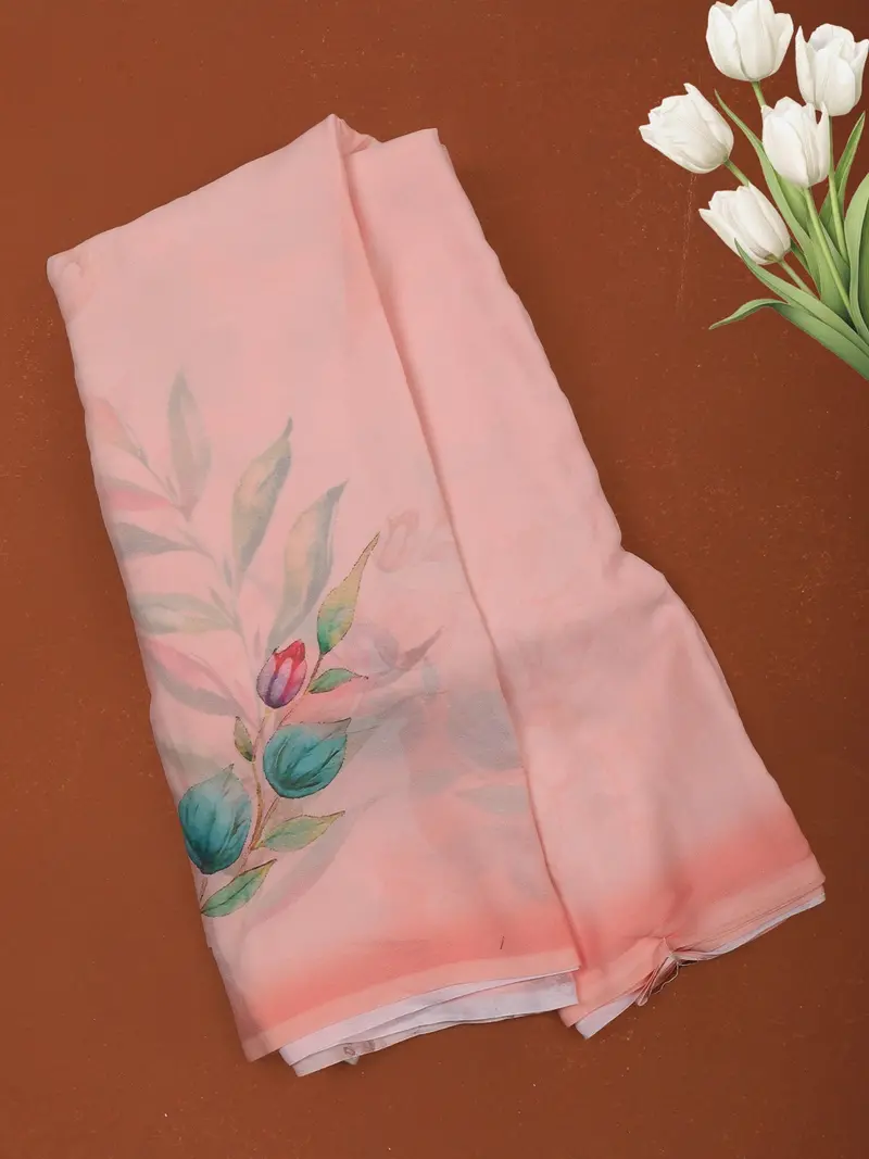 Pastel Peach Minimal Floral Printed Chiffon Saree With Ombre Border 1